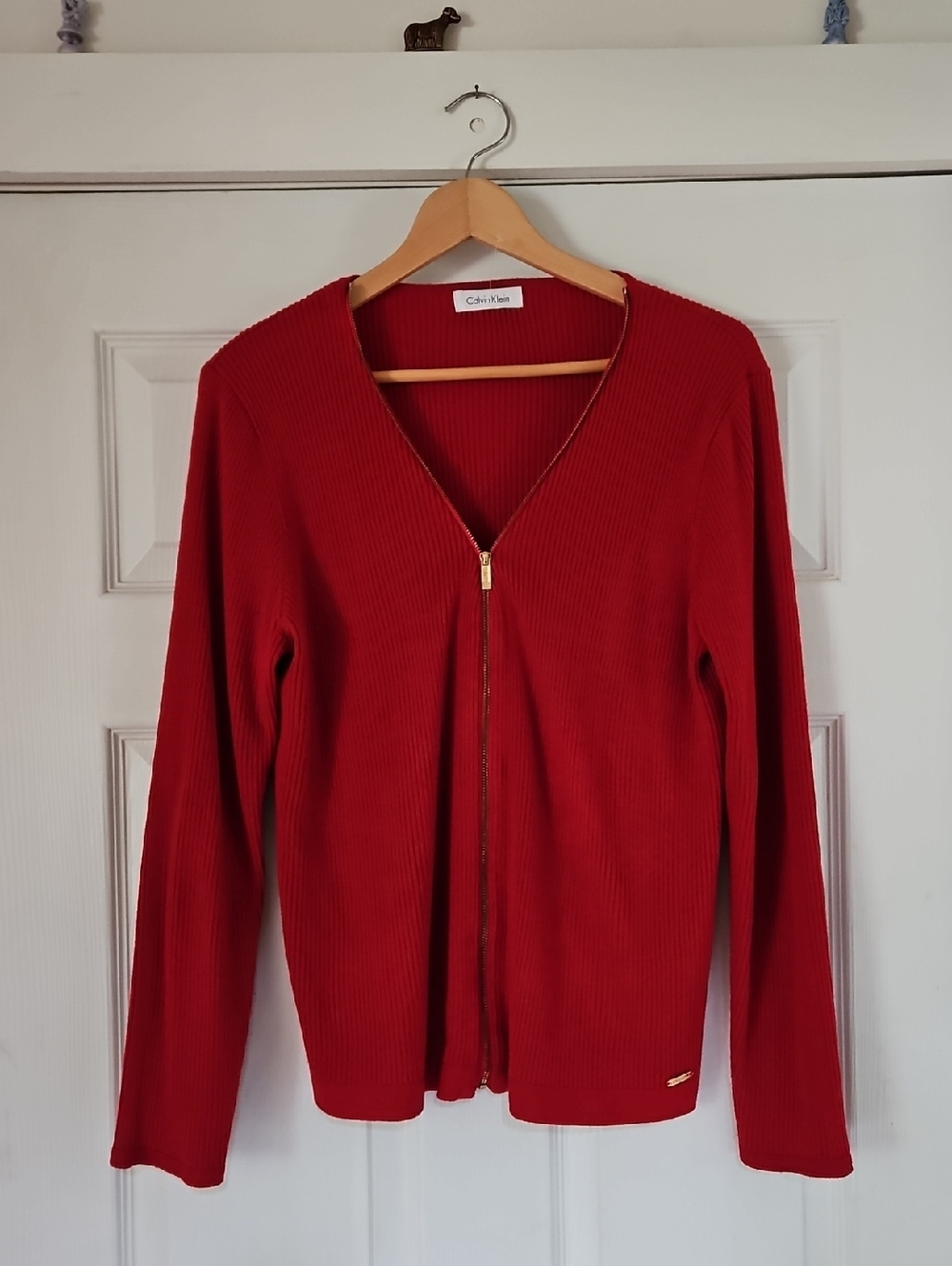Calvin Klein Red Zip-Front Ribbed Women's Cardigan Sweater L